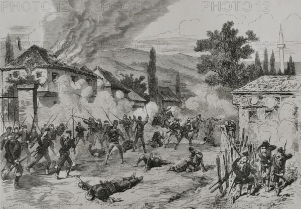Street fighting between Austro-Hungarian troops and insurgents, Sarajevo, 19 August 1878 (1878).  Creator: Andrés Ovejero.