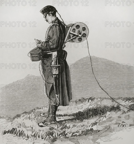 Telegraphist engineer receiving and transmitting dispatches during the march, in the Army..., 1878. Creator: Bernardo Rico.