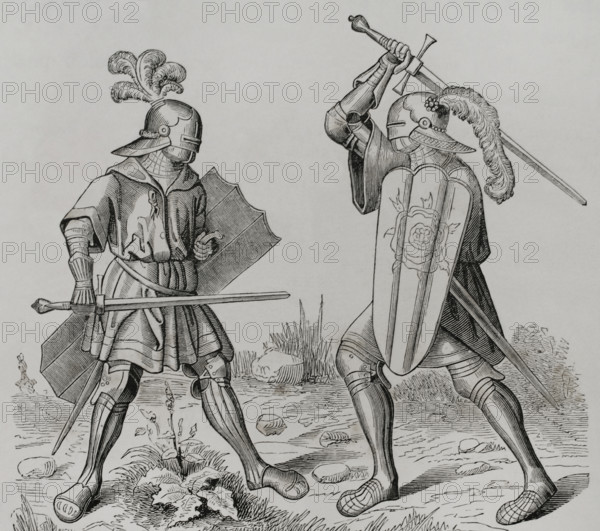 Knights wearing full armour, late 15th century (1877).  Creator: Unknown.