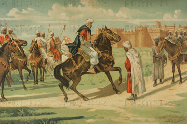 Musa Ibn Nusair (c640-716) whips Tarik ben Yihab's face for disobeying his order..., 8th cent (1888) Creator: Juan Alaminos.