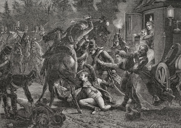 Assassination of the French plenipotentiaries at Rastatt, 28 April 1799 (1879). Creators: Felix Henri Emmanuel Philippoteaux, Fortune Meaulle.