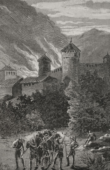 Fire of Peralada in 1285, ordered by its own lord, Dalmau de Rocabertí (d1304) when leaving...1890.  Creator: Joan Serra y Pausas.