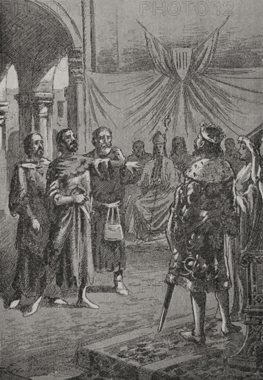 Cataldo Rosso speaking before the king, 1890.  Creator: Joan Serra y Pausas.