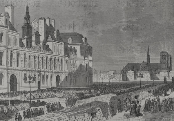 Barricades and artillery park of the Communards, Place de l'Hôtel de Ville, Paris Commune, 1871. Creator: Enrique Laporta Valor.