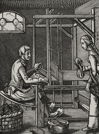 French weaver's workshop in the 16th century (1877). Creator: Jost Ammon.
