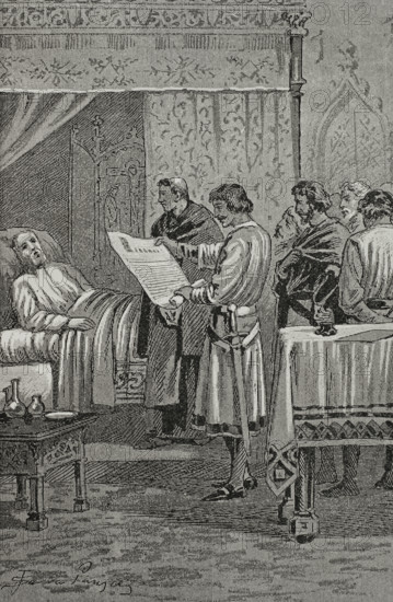 Martin the Human on his deathbed, 1410, (1890).  Creator: Joan Serra y Pausas.