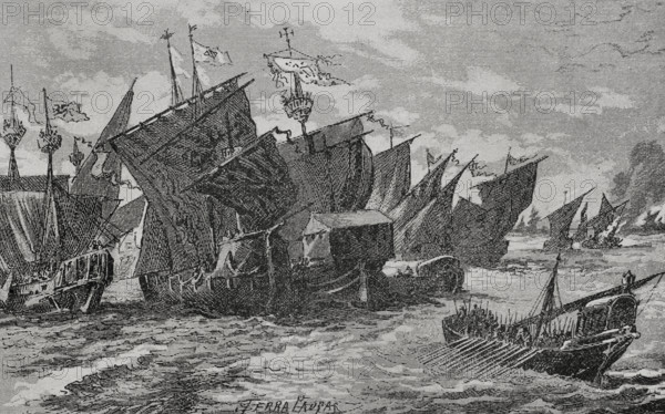 Naval battle in front of Alghero between Catalans, Venetians, Genoese and Sardinians, 1890. Creator: Joan Serra y Pausas.