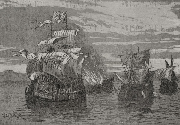 Naval battle of Sant Feliu de Guíxols, 1285, (1890).  Creator: Joan Serra y Pausas.