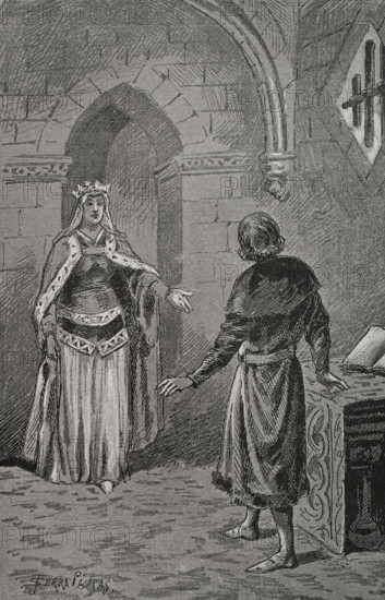 The Queen consort of Aragon Juana Enríquez (1425-1468) visits Charles, Prince of Viana..., 1890.  Creator: Joan Serra y Pausas.