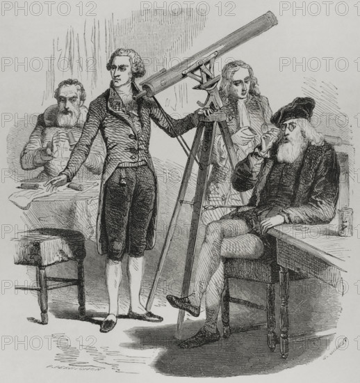 Janssen and his lenses, Galileo and his glasses, Newton and Herschel with their telescopes, 1856.  Creator: Paul Perrichon.