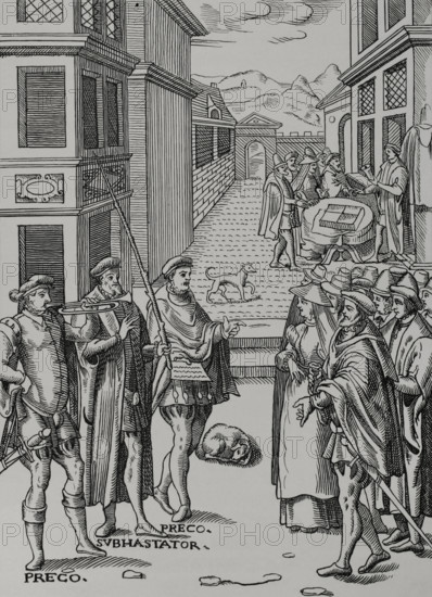 The town crier blowing his trumpet and the auctioneer, the public official in..., 1557, (1878).  Creator: Unknown.