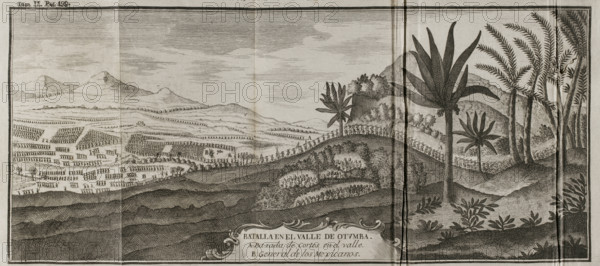 Battle of Otumba, (7th July 7, 1520): Cortés' forces descending into the valley where the... 1771.  Creator: Unknown.