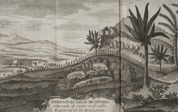 Battle of Otumba, (7th July 7, 1520): Cortés' forces descending into the valley where the... 1771.  Creator: Unknown.
