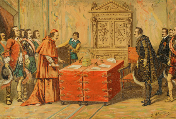 Conferences on Pheasant Island held between Luis Méndez de Haro...and Cardinal Mazarin...1890.  Creator: Juan Alaminos.