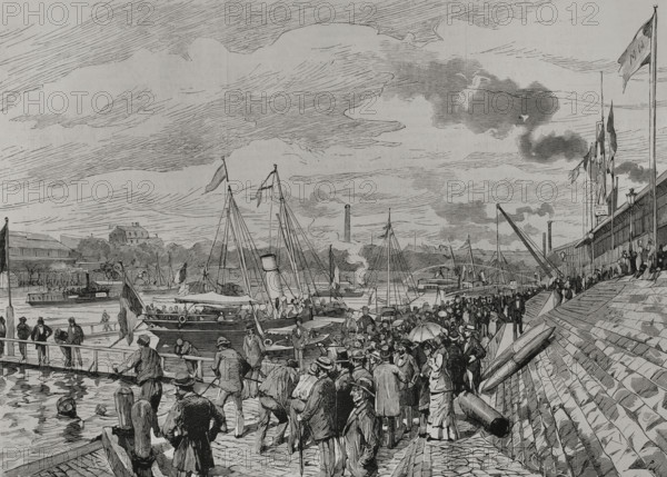 Pier at Pont d'Iéna (Jena Bridge) during nautical experiments, Universal Exhibition of Paris, 1878. Creator: Tomás Carlos Capuz.