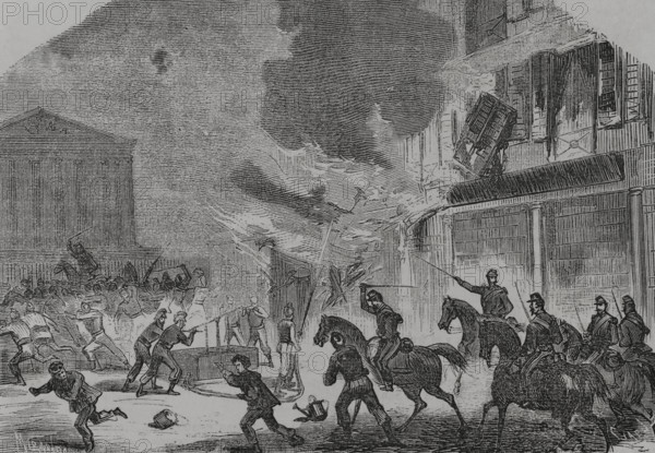 Paris Commune: Arsonist firefighters surprised by Versailles troops, 1871.  Creators: Tomás Carlos Capuz, Miranda.