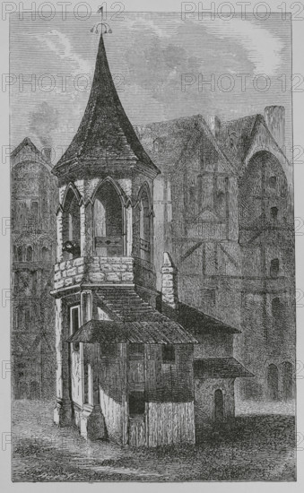 Pillory at Les Halles, Paris, France, 1670, (1878).  Creators: Jules Jean Marie Joseph Huyot, Anon.