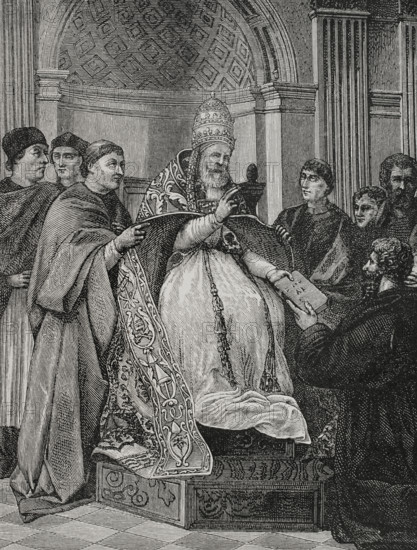 Pope Gregory IX, (1170-1241) receiving the Decretals compiled by Saint Raymond of Peñafort, 1877.  Creator: Jules Jean Marie Joseph Huyot.