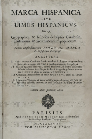 Marca Hispanica sive limes hispanicus, 1688.  Creator: Pierre de Marca.