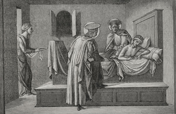 St Cosmas and St Damian visiting a sick person and administering aid, 1877.  Creator: Jules Jean Marie Joseph Huyot.