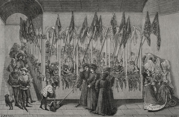 Review of helmets in the cloister, c1462-1465, (1877).  Creator: Jules Jean Marie Joseph Huyot.