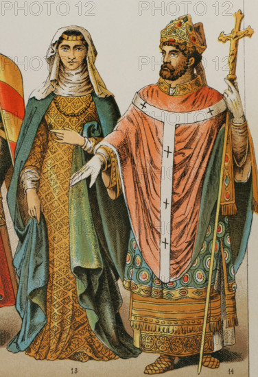 Lady and bishop, 1200, (1884).  Creator: Unknown.
