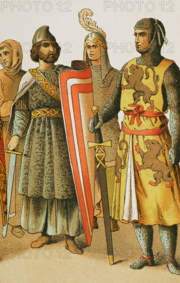 History of France; Warriors, 1100, (1884). From  "Historia Universal" by César Cantú, Vol V, 1884. Creator: Unknown.