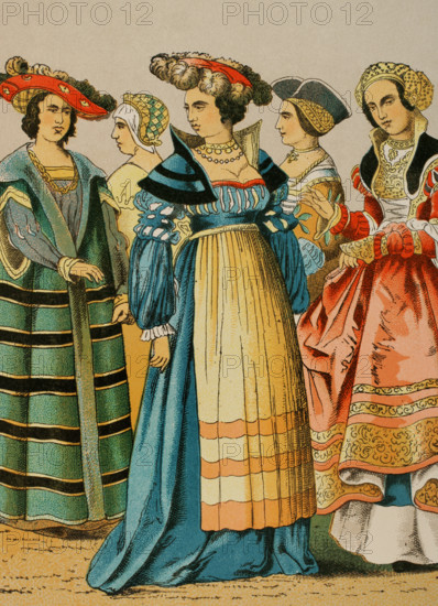 Women's dresses from different social classes, German, 1500-1550, (1881).  Creator: Unknown.