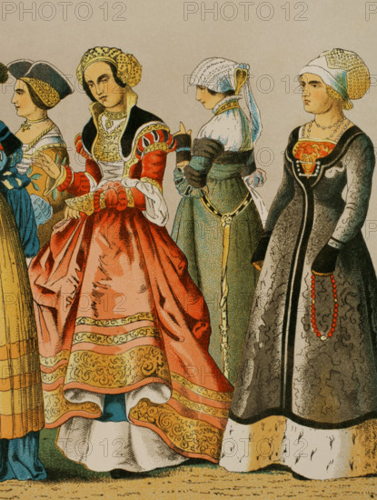 Women's dresses from different social classes, German, 1500-1550, (1881).  Creator: Unknown.