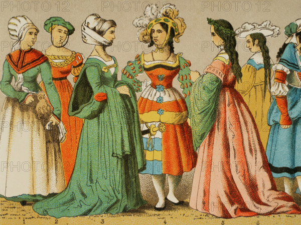 Women's dresses from different social classes, German, 1500-1550, (1881).  Creator: Unknown.