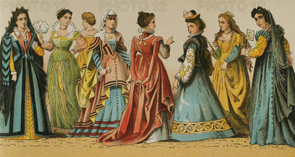 History of Italy: Madam's dresses, 1500-1600, (1881).  Creator: Unknown.