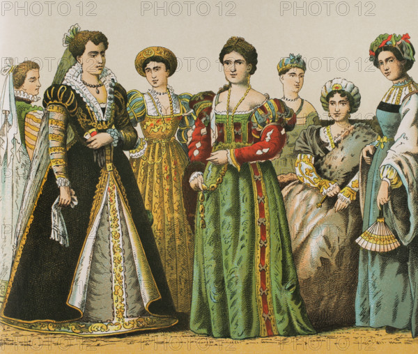 History of Italy: Madam's dresses, 1500-1600, (1881).  Creator: Unknown.