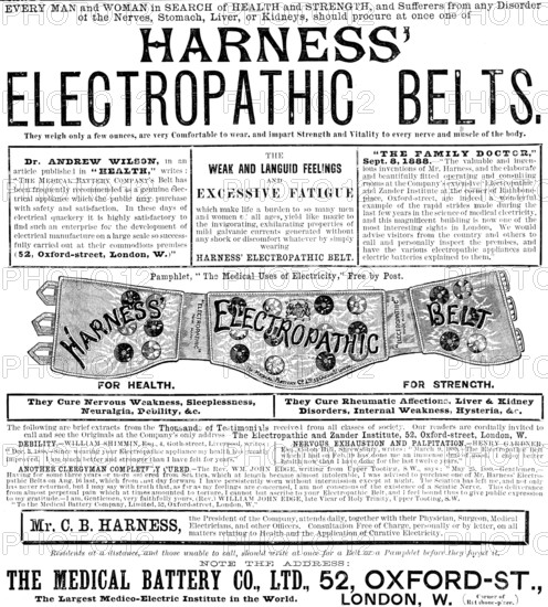 Advertisement for Harness' Electropathic Belts, 1890. Creator: Unknown.