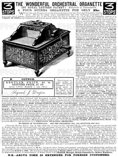 Advertisement for the Wonderful Orchestral Organette, 1890. Creator: Unknown.