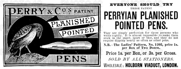 Advertisement for Perryian Planished Pointed Pens, 1890. Creator: Unknown.