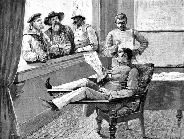 The Portuguese in Africa: steam-ship passengers waiting for passports at Delagoa Bay, 1890. Creator: R. Taylor.