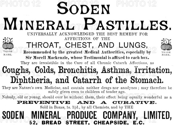 Advertisement for SODEN Mineral Pastilles, 1890. Creator: Unknown.