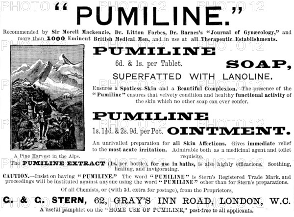 Advertisement for "Pumiline" Soap and Ointment, 1890. Creator: Unknown.