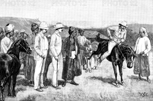 Sketches in Burmah: buying ponies at the Shan Camp, Mandalay, 1890. Creator: Unknown.