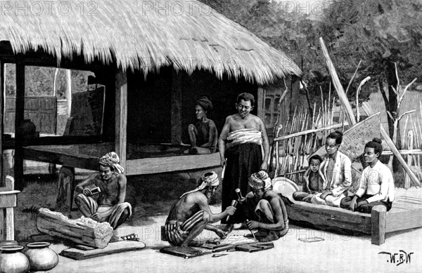 Sketches in Burmah: Burmese wood-carvers, 1890. Creator: H. W..