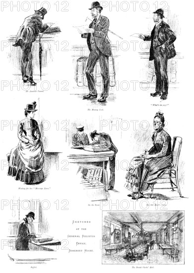 Sketches at the General Register Office, Somerset House, 1890. Creator: Unknown.