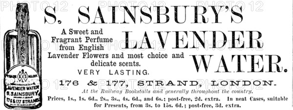 Advertisement for S. Sainsbury's Lavender Water, 1890. Creator: Unknown.