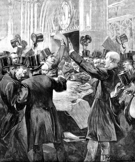 Scene in the Lobby, House of Commons: distributing Report of the Parnell Inquiry Commission, 1890. Creator: P Naumann.