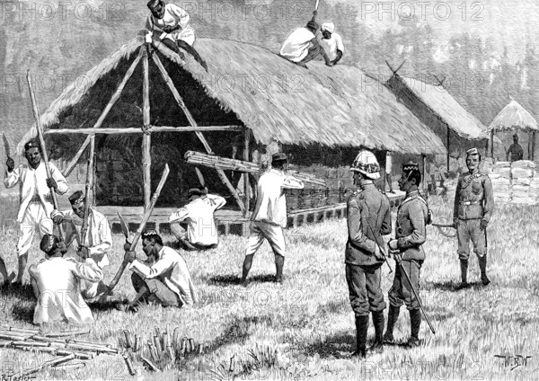 The Lushai Expedition: Goorkhas building a hut to store their spare kit, 1890. Creator: R. Taylor.