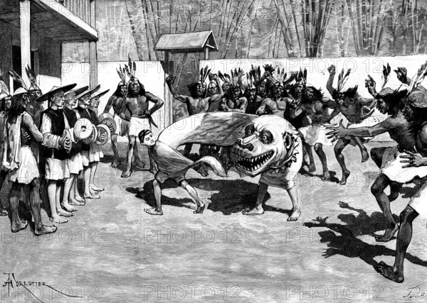 Sketches in the island of Formosa: quaint performance at a savage entertainment, 1890. Creator: F. P..