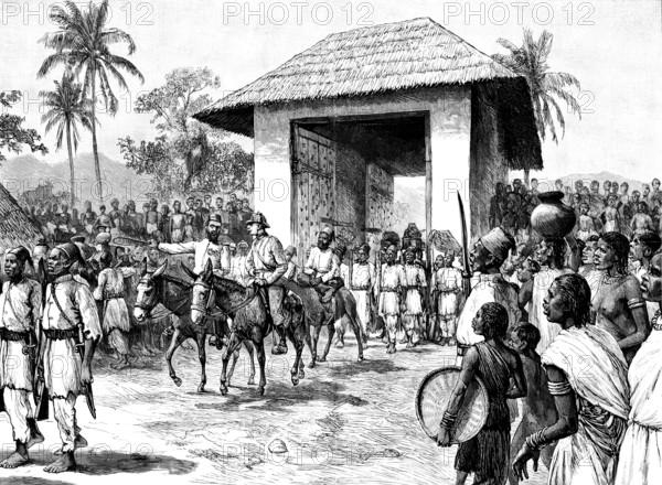 Stanley’s Emin Pasha Relief Expedition: entry of Emin Pasha and Mr. Jephson into Dufilé..., 1890. Creator: Unknown.