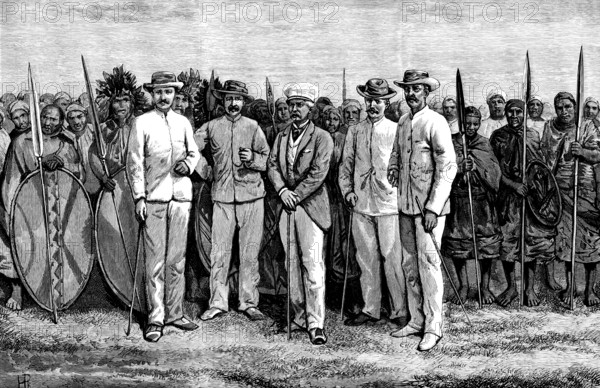 Mr. Stanley and his comrades: Masai warriors behind, 1890. Creator: Unknown.