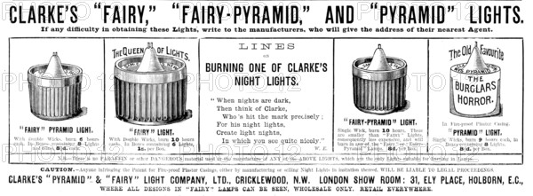 Advertisement for Clarke’s "Pyramid" & "Fairy" Light Company, 1890. Creator: Unknown.