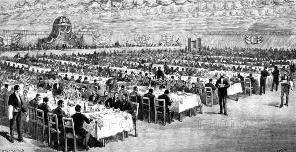 The Forth Bridge: Luncheon in the Model Room, 1890. Creator: P Naumann.