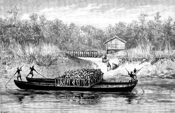 The Chin-Lushai Expedition: crossing a river near Kolymyo, 1890. Creator: R. Taylor.